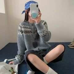 Hnewly Fair Isle Sweater Cardigan Women Long Sleeve Button-Up Crewneck Knitted Jacket Cardi Female Knitwear Fall Winter Vintage Outfit