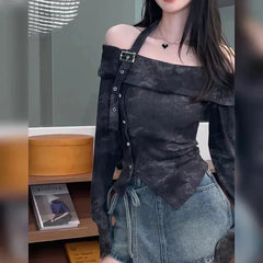 Hnewly Y2K Sexy Slash Neck T Shirt for Women Korean Elegant Off Shoulder Irregular Female Tops Fashion Tie Dye Long Sleeve Pullovers