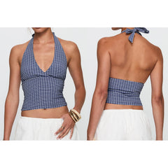 Hnewly y2k Tank Top Women's Summer Clothing Plaid Print Sleeveless Open Back Halter Neck Vest 2000s T Shirt Party Clothes