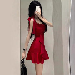 Hnewly Summer New Style Pure Lust Hot Girl Red Suspender Dress Female Design Niche Temperament Waist Slimming Short Skirt