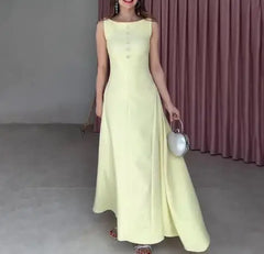 Hnewly Women's New Solid Color Round Neck Elegant Casual Sleeveless Button - Front Maxi Dress