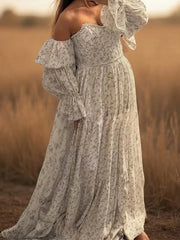 Hnewly Boho Floral Maternity Dress Off-Shoulder Long Sleeve Pregnancy Gown Photoshoot Baby Shower Elegant Maternity Photography Dress