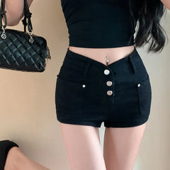 Hnewly American Style Slimming Mini Shorts Women Harajuku Style Button Tight Shorts Female Y2K All Match Straight Short Trousers Mujer