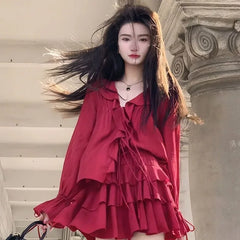 Hnewly DRESS TO IMPRESS Elegant V-neck Ruffles Long Sleeve Tops Women+ Y2k E-Girl High Waist Ruched A-line Skirts Spring New Red Two Piece Sets