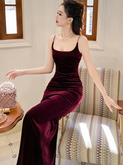 Hnewly prom dresses 2025 Elegant Annual Meeting Long Dress Women French Wine Red Black Velvet Strap Backless Slit Maxi Robe Femme Bottom Party Vestidos