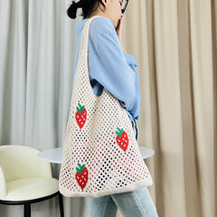 Hnewly Cute Strawberry Cherry Crochet Shoulder Bag for Women Large Shopper Bag Casual Tote Handbags Summer Beach 2024 New Women's Bag