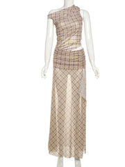 Hnewly Split Summer Dress Women See Through Y2K Plaid Print Inclined Shoulde Waistless Split Irregular Ruched Maxi Bodycon