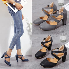Hnewly Women High Heels Shoes Autumn New Round Toe Chunky Heel Casual Platform Women's Shoes Female Belt Buckle