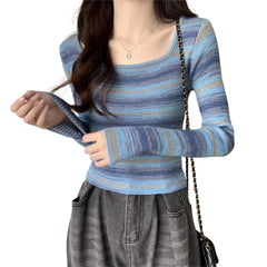 Hnewly y2k Tops Women Casual Clothes Striped Square Neck Long Sleeve Knitted T Shirts 2000s Aesthetic Clothing Streetwear