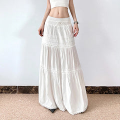 Hnewly Elegant Lace Stitching Long Skirt Holiday Oversized Loose Low Rise White Floor-Length Skirts for Women y2k Fairycore Lady