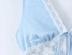 Lunivop Fashion Light Blue Satin Spliced Lace V neck Tank Dress Women Hollow Out Slim Waist A-lined Sleeveless Short Dresses Femme Robe