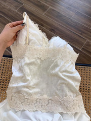 Hnewly High Street Simple Tank Top Vintage Spring Summer Beige Camisole Pearl Fashion Off Shoulder Casual Lace Vest Coquette Mori Girl