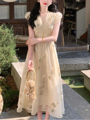 Hnewly French Vintage V-Neck Midi Dress Female Casual Even Party Clothing Summer Retro Elegant One Piece Dress Korean 2000s Y2k