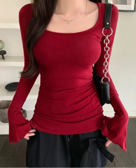 Hnewly Skinny T-shirts Women Autumn Basic Solid Cleanfit O-neck Flare Sleeve Sexy Girl Korean Fashion Y2k Tops Aesthetic Streetwear Ins