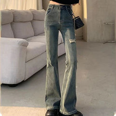 Hnewly Streetwear Blue Ripped Jeans for Women Spring Autumn Chic High Waist Bell Bottom Jeans Woman Slim Fit Button Trousers Ladies