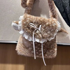 Hnewly Winter Fashion Faux Fur Crossbody Bags for Women Decor with Ear Leg Warmer Cartoon Shoulder Bag Ladies Pillow Handbags