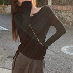 Hnewly y2k Aesthetic Tops Women Clothes Solid Color Metal Chain Decor Round Neck Long Sleeve Knitted T Shirts 2000s Streetwear