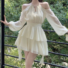 Hnewly Elegant Chiffon Dresses for Women Fairycore Casual White Dress Sweet Korean Fashion Off Shoulder Summer Mini Dress Slim