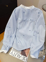 Hnewly Cute Bow Print Striped Shirt Women O Neck Long Sleeve Vintage Blouse Casual Loose Korean Sweet Female Fall New Retro Tops