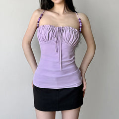 Hnewly Elegant Solid Folds Camis Vintage 2000s Skinny Strap Crop Tops Women Holiday Style Transparent Mesh Tees Ladies y2k Vest