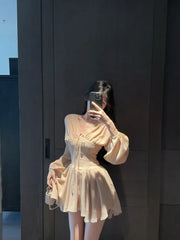 Hnewly Woman Dress Elegant Long Sleeve V Neck Bandage Slim Spring Summer Fashion Sweet Mini Dresses Female Casual Chic