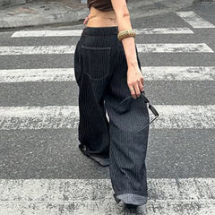 Hnewly Women Striped Relaxed Fit Jeans Retro Low Rise Wide Leg Denim Pants Grunge Loose Trousers Spring Y2K Clothes