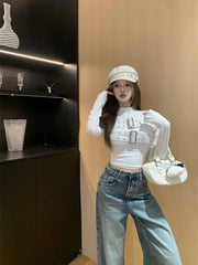 Hnewly Chic Buckle Long Sleeve T-Shirts Women Fashion Solid Simple Slim All-match Basic Tops Ladies Hot Half High Collar Hole Ins New