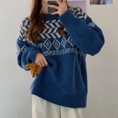 Hnewly Fair Isle Sweater for Women Thick Knit Geometric Crew Neck Pullover Sweater Warm Knitwear Autumn Winter Grandpa Vintage Outfit
