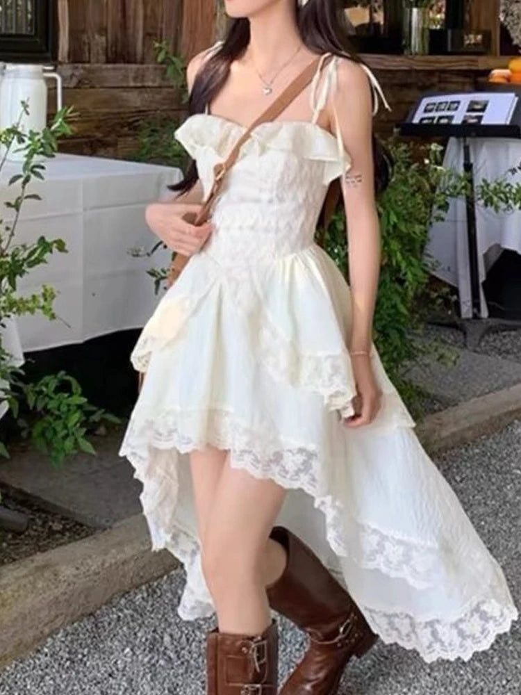 Sweet Casual Irregular Slip Dress Women Ruffles Designer Sexy Elegant Fairy Dress Female 2024 Summer Fashion Korean Party Dress