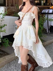 Sweet Casual Irregular Slip Dress Women Ruffles Designer Sexy Elegant Fairy Dress Female 2024 Summer Fashion Korean Party Dress