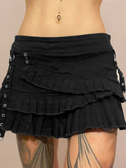 Hnewly rave inspo outfits Punk Gothic Black Eyelet Ribbon Denim Skirt Women Low Waist Asymmetrical Tiered Pleated Short Jean Skirts Y2K