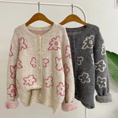 Hnewly Cute Floral Knitted Cardigan for Women Cozy O-neck Button Front Sweater Jacket Teen-girl Fall Winter Korean Fashion Outfit