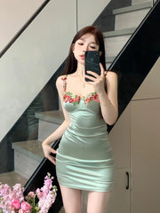 Hnewly 2000s Vintage Floral Dress Women Casual Y2k Strap Mini Dress Even Party A-Line Slim Bodycon Clothing Korean Fashion Summer