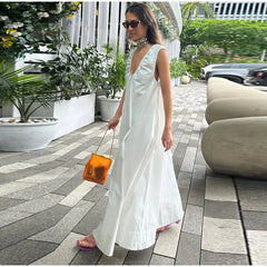 Hnewly Loose White Holiday Long Dress Women Elegant V-neck Sleeveless Backless A-line Beach Dresses Summer Lady Casual Chic Robes