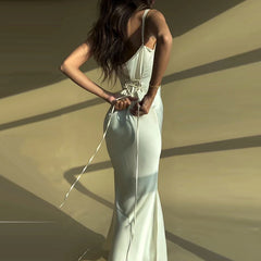 Hnewly wedding guest outfit Cross Bandage Long Satin Dress Women Spaghetti Strap Backless Maxi Dress Summer Elegant Party Dresses