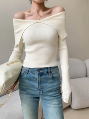 Hnewly Autumn Winter Women Sweaters Casual Long Sleeve Knitted Pullover Sweater Basic Solid Sexy Off Shoulder Crop Top Fashion Clothes