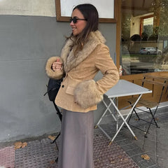 Hnewly Retro-Style Suede Suit Fur Collar Jacket Women's Detachable Fur Collar Button Pocket Loose Patchwork Coat Autumn Winter