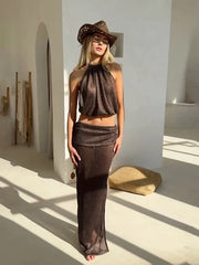 Hnewly Thin Sexy Women 2 Piece Set Elegant Y2K Backless Halter Folds Tank Tops+Long Skirts Vacation Beach Party Clubwear