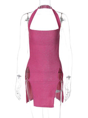 Hnewly 2024 Women Elegant Shine Halter Backless Slit Sexy Slim Midi Dress Spring Summer Clothes Birthday Party Festival Y2K