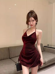 Hnewly Nightclub Style Fashionable Pure Desire Spicy Girl Drawstring Thin Belt Solid Color Slim Waist Dress Elegant High-quality JM5G