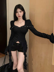 Hnewly Slim Cropped Ruffles T Shirt Women Long Sleeve Streetwear Retro Tops Casual Sexy Square Collar Female Korean Irregular Tees