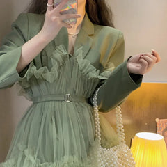Hnewly Princess Dress Long Sleeve Blazer Tulle Mini Skirt Fashion Girls Elegant Casual Dresses Sweet Fairy Clothing