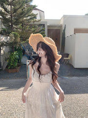 Hnewly Design V-Neck Strap Midi Dress Women Beacy Style Summer One Piece Dress Korean Fashion Clothing Elegant Vintage Dress Chic Y2k