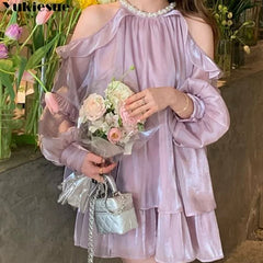 Hnewly DRESS TO IMPRESS Women Chiffon Dresses Summer New French Style Solid Fashion Sexy Off-the-shoulder Long Puff Sleeve Ruffles Simple Dress