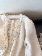 Hnewly Elegant Hollow Out O-neck Sweater Soft Short Knitted Cardigan Women's Spring Autumn 2025 New Korean Long Sleeved Jacket