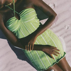 Hnewly New Wrap Chest Knit Dress Beach Vacation Strapless Necktie Women's Dress mid Waist Short Skirt Pure Color Summer Dress