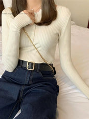 Hnewly FALL OUTFITS Women's Knitted Sweater Pullover Spring and Autumn Basic Women's Turtleneck Button Sweater Slim-Fit Top