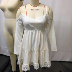 Hnewly Retro Women's Summer Long Sleeve White Mini Dress Casual Long Sleeve Sundress Sexy Slim Spaghetti Strap Vestidos De Mujer