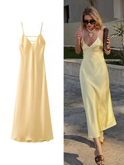 Hnewly Women Summer Yellow Stain V Neck Sling Dress Elegant Sleeveless Loose Maxi Robes 2025 New Ladies Party Holiday Dresses