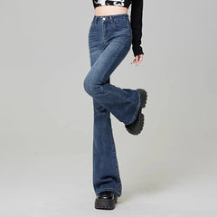 Hnewly Women Vintage High Street Bell Bottom Jeans Lady Sexy Slim Fit Denim Flare Pants Deep Blue Light Blue Black Blue Gray Trousers